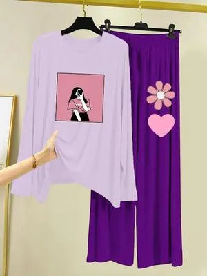 Purple Printed Women's Night Suit 2 Pcs Cotton Jersey