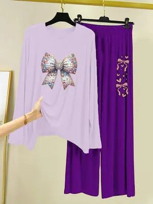 Purple Printed Women's Night Suit 2 Pcs Cotton Jersey
