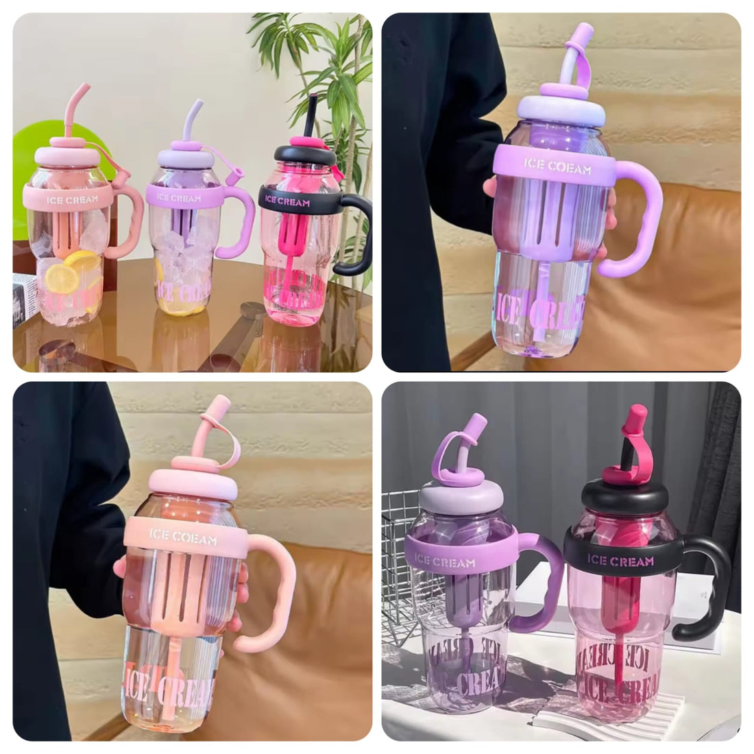 Cute Ice Cream Theme Transparent Sipper Bottle with Handle Reusable Tumbler with Straw Mixing Rod Leakproof Portable Drink Cup for Kids Girls Juice Milk Smoothies