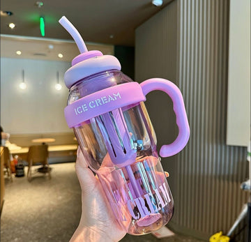 Cute Ice Cream Theme Transparent Sipper Bottle with Handle Reusable Tumbler with Straw Mixing Rod Leakproof Portable Drink Cup for Kids Girls Juice Milk Smoothies