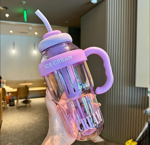 Cute Ice Cream Theme Transparent Sipper Bottle with Handle Reusable Tumbler with Straw Mixing Rod Leakproof Portable Drink Cup for Kids Girls Juice Milk Smoothies