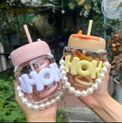350ml Cute Glass Sipper with Straw, Lid & Pearl Chain | Kids & Girls Water Cup