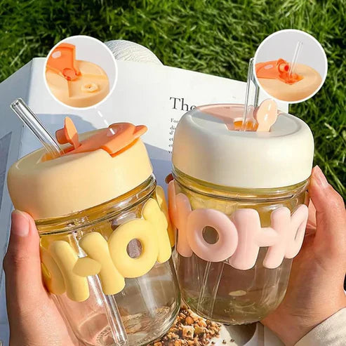 350ml Cute Glass Sipper with Straw, Lid & Pearl Chain | Kids & Girls Water Cup