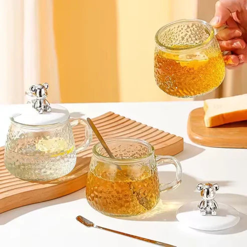400ml Glass Mug with Bear Lid & Spoon | Cute Crystal Tea & Coffee Cup