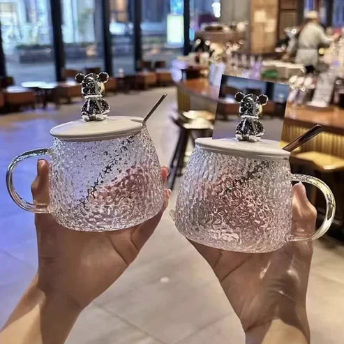 400ml Glass Mug with Bear Lid & Spoon | Cute Crystal Tea & Coffee Cup